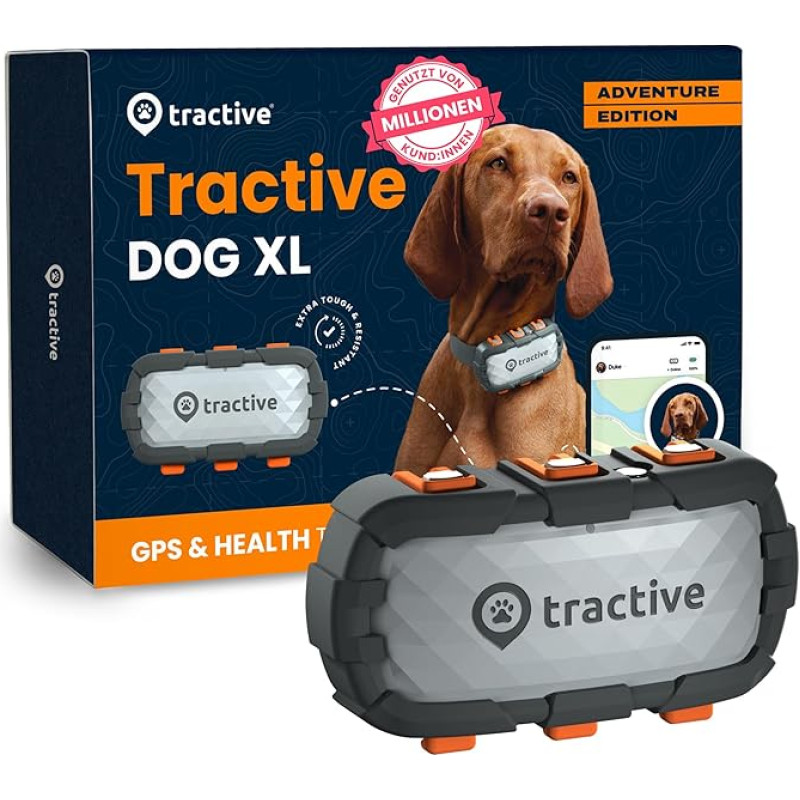 Tractive GPS seklys šunims - XL Adventure | Atsparus įkandimams stiklo pluošto korpusas | Baterija iki 1 mėnesio | Rinkos lyderis | Tiesioginis sekimas visame pasaulyje | Signalas išvykus | Veiklos stebėjimas ir įspėjimai apie sveikatą