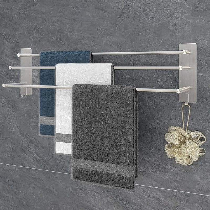 Vista SUS304 Towel Rail 3 Bars No Drilling 75 cm Stainless Steel Self-Adhesive Towel Holder Silver Bathroom Towel Holder with Two Hooks for Kitchen, Bathroom, Bedroom Silver