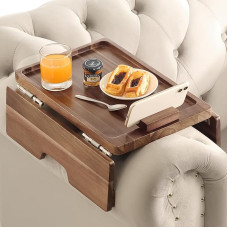 BLUEWEST Sofos porankio padėklas, sofos porankio stalas su didele rankena, dvigubais dideliais SS304 vyriais ir 360° kampu besisukančiu telefono laikikliu, neslystančiu ir lanksčiu, su įvairiomis funkcijomis