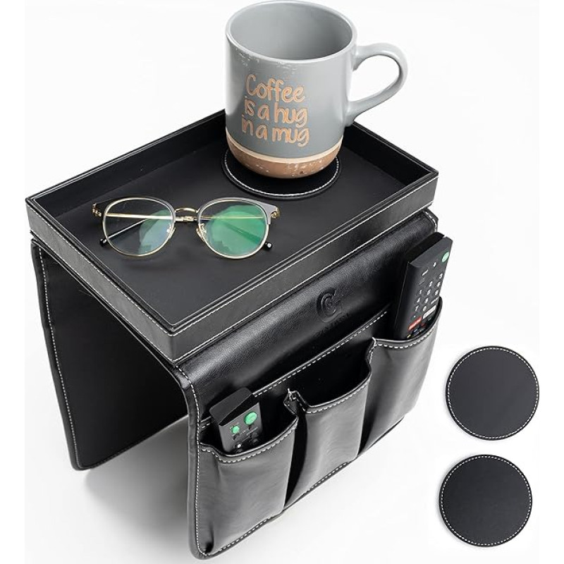 GLOCHYRA Armchair Caddy Remote Control Holder for Recliner Armrest Organizer PU Leather 5 Pockets Chair Caddy for Mobile Phone Magazine with Removable Arm Rest for Snacks Comes with 2 Coasters (Black)