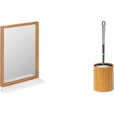 Relaxdays Wall Mirror with Shelf, Bathroom Mirror with Frame, Natural/White, 54.5 x 38 x 12 cm & Toilet Brush Holder, Bamboo, H x W x D, 33 x 10.4 x 10.4 cm, Plastic Toilet Brush in Stainless Steel