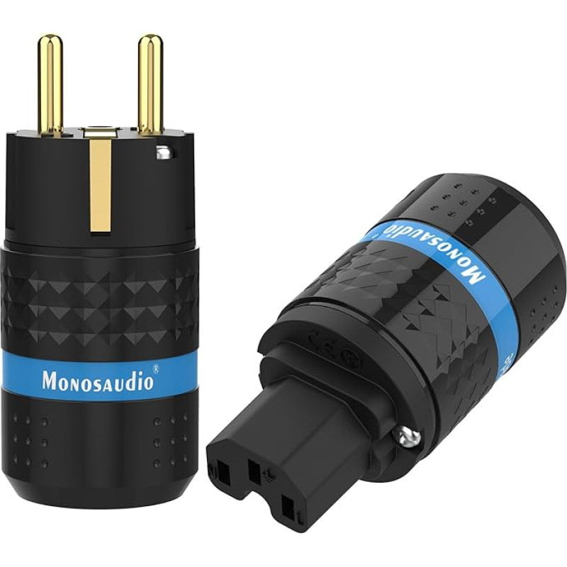 Monosaudio Pair of HiFi Schuko Plug + IEC C15 Connection High End IEC Plug 16 A 250 V Audiophile Power Plug Coupling (Gold-Plated, E102G/F102G)