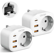 LENCENT 2 x Travel Adaptor Power Adapter UK Adapter England Germany Plug, with 2 USB QC3.0 + 1 Type-C PD Ports, Type G Travel Plug Power Adapter for UK Ireland Socket