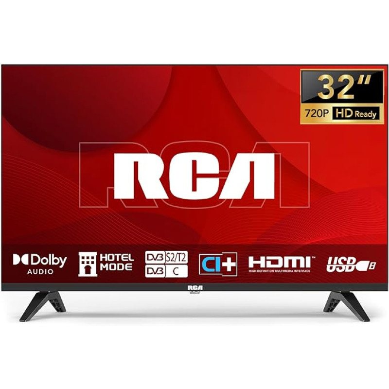 RCA televizorius 32 colių (80 cm) LED HD televizorius be apvadų su trimis imtuvais (DVB-T/T2-C-S/S2), HDMI, CI+, USB medijos grotuvu, viešbučio režimu, 