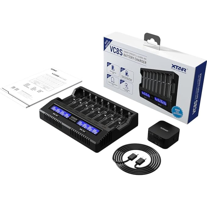 XTAR VC8S įkraunamas 18650 21700 baterijų įkroviklis 8 lizdų USB C akumuliatorių įkroviklis, skirtas baterijų bandymams su PD45W adapteriu, skirtas 3,6 V 3,7 V ličio jonų ir 1,2 V NI-MH baterijoms