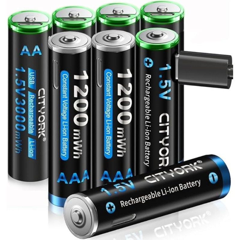 CITYORK USB-C AA AAA Batteries Lithium Rechargeable, 4 x 1.5 V AA Batteries 3000 mWh and 4 x AAA Batteries 1200 mWh with 4-in-1 USB Charging Cable