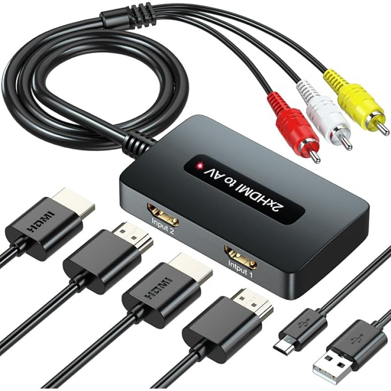 SHUITING Dviejų prievadų HDMI ir RCA keitiklis, 2 HDMI ir kompozitinio AV CVBS adapteris senesniems televizoriams, 2 HDMI įvesties prievadai, pasirinkite vieną, kad konvertuotumėte į AV išvestį