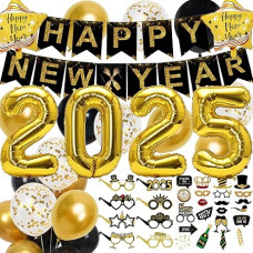New Year's Eve Decoration Set, New Year's Eve Decoration, Happy New Year Banner, Gold Numbers 2025 New Year Balloons, New Year Photo Props and Happy New Year Glasses