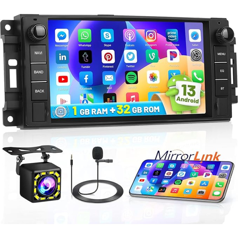Hikity Android 13 Car Radio for Jeep Wrangler Dodge Ram Challenger with 7 Inch Screen Touch Display Car Radio with GPS BT FM RDS WiFi USB Mirror Link Reversing Camera