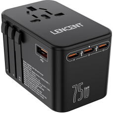 LENCENT 75W universalus kelioninis adapteris, GaN tarptautinis greitasis įkroviklis su 3 PD3.0 tipo C+2 QC USB A, pasaulinis adapteris mobiliesiems telefonams, nešiojamiesiems kompiuteriams, 