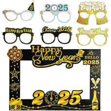 2024 Happy New Year's Party Photo Booth Requisiten Dekoration, 6 Stück Neuheit Brillen und 2024 Happy New Year Rahmen Riesiges DIY Kit für Happy New Year Dekorationen Silvester Party Supplies