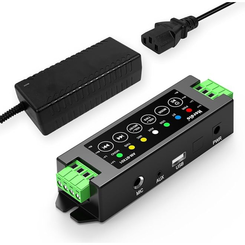 Herdio 4 Channel Amplifier Bluetooth 5.0 Amp Receiver 200W Output Power with 24V5A AC-DC Power Supply Wall Mounted, USB/MIC/AUX/TWS, for Home/Garage/Ceiling/Passive Speaker (40W per Channel)