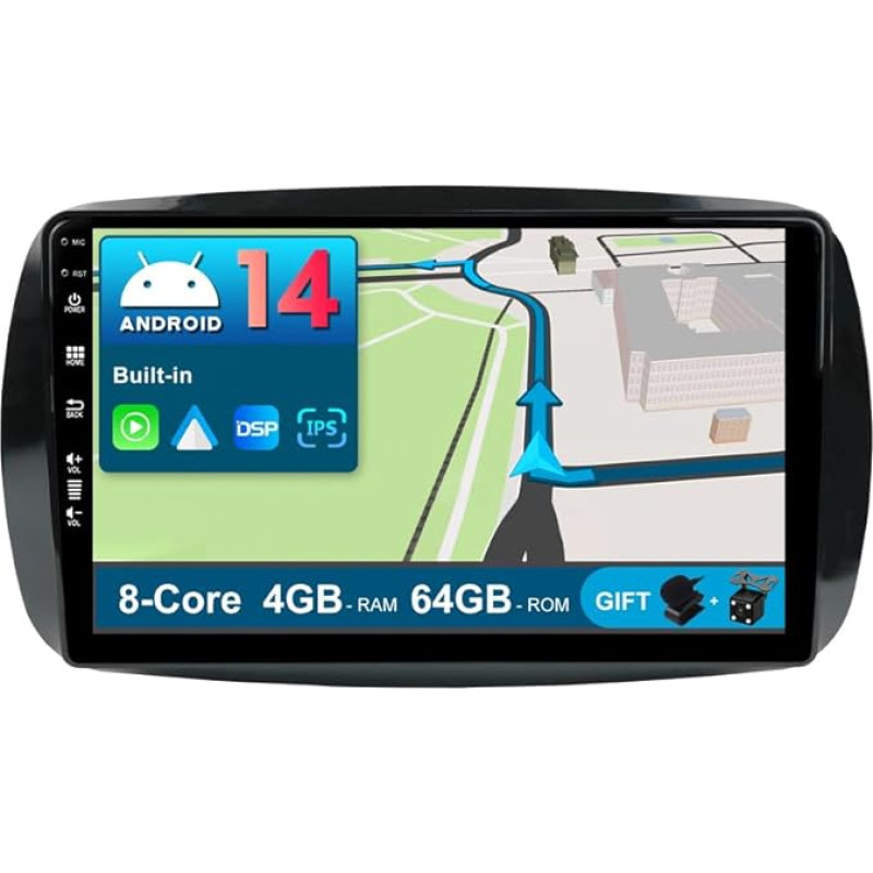 JOYX Android 13 IPS automobilinis radijas, tinkamas Mercedes-Benz Smart (2014-2020) - 4G+64G - Integruotas DSP/Carplay/Android Car - Kamera + MIC - 9 colių 2 DIN - Valdymas vairu WiFi DAB 360 Camera Fast