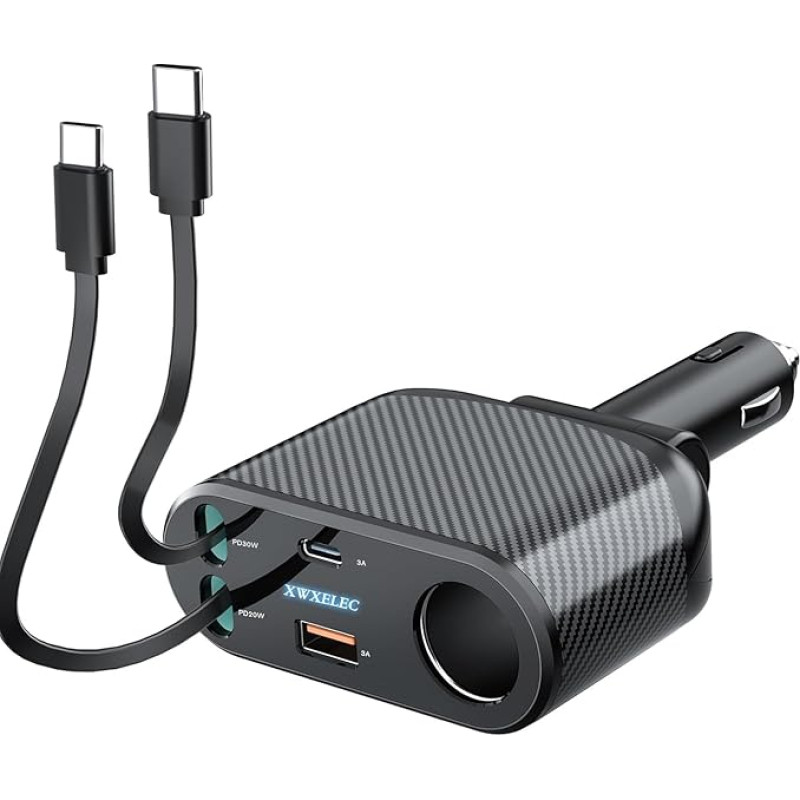 XWXELEC 5-in-1 automobilinis įkroviklis 2 USB-C, cigarečių žiebtuvėlio dalytuvo adapteris, dalytuvas, automobilinis ištraukiamas duomenų kabelis, nuolatinės srovės kištukas su lizdu, skirtas mobiliajam telefonui, prietaisų kamerai, 12 V/24 V - pilkas