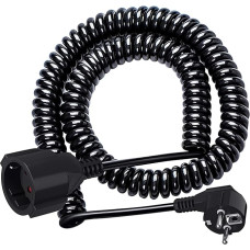 Protective Contact Spiral Extension 3 m, Spiral Extension Cable from 1.05 m to 3 m, Stretchable, Earthing Contact Coupling with Schuko Socket, Power Cable, IP20 Waterproof (16A/250V), Black