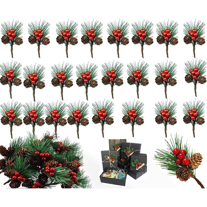 25 dirbtinių pušų šakų su uogomis pakuotė, kalėdinės pušų šakelių dekoracijos, raudonos uogos, pušų šakelių šakos, kalėdinės dekoracijos amatų šakoms, dirbtinės pušų šakos su uogomis