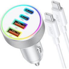 Cigaretės žiebtuvėlio USB C, 4 prievadų 90W dvigubas USB-C ir A 12V USB adapteris PD/QC automobilinis greitasis įkroviklis su USB C kabeliu [baltas], skirtas iPhone 16 15 Pro Max/Pro/Plus, Samsung Galaxy S24/S23/S22