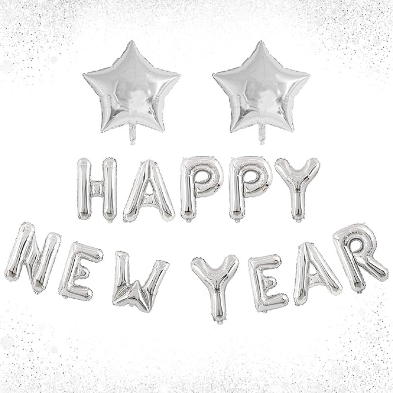 Laimingų Naujųjų metų balionai, sidabras, Naujųjų metų folijos balionas, Naujųjų metų balionai su žvaigžde, milžiniški laimingų Naujųjų metų balionai Kalėdoms, Naujųjų metų išvakarėms, 2023 m. Švenčių dekoracijos, šventės