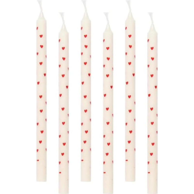 ukiyo White Thin Taper Candles with Red Hearts, Height: 20 cm, Diameter: 1.3 cm, Burning Time, 3 Hours, Candle Love Friendship, Colour: Pack of 6