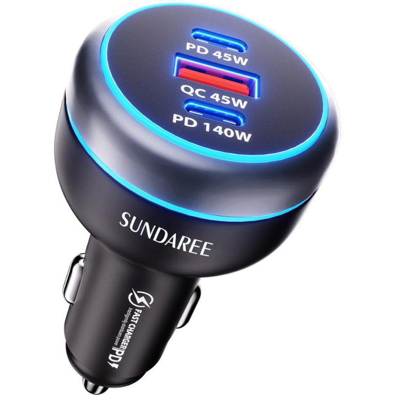 SUNDAREE 230 W Cigaretės žiebtuvėlio USB C, 3 prievadai 12 V 24 V automobilinis PD tipo QC greitojo įkrovimo mobiliojo telefono automobilinio įkroviklio adapteris, skirtas Samsung S24 A55/iPhone 16 15/Google Pixel 9/Redmi Note