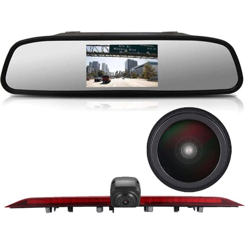 18 mm objektyvas Aukščiausios kokybės automobilio trečiojo stogo originali stabdžių šviesos atbulinės eigos kamera, skirta VW Crafter 2017 Man TGE iš 2017 m. Modifikuotos transporto priemonės stabdžių šviesos autobusas (su 4,3 colio galinio vaizdo kamera)