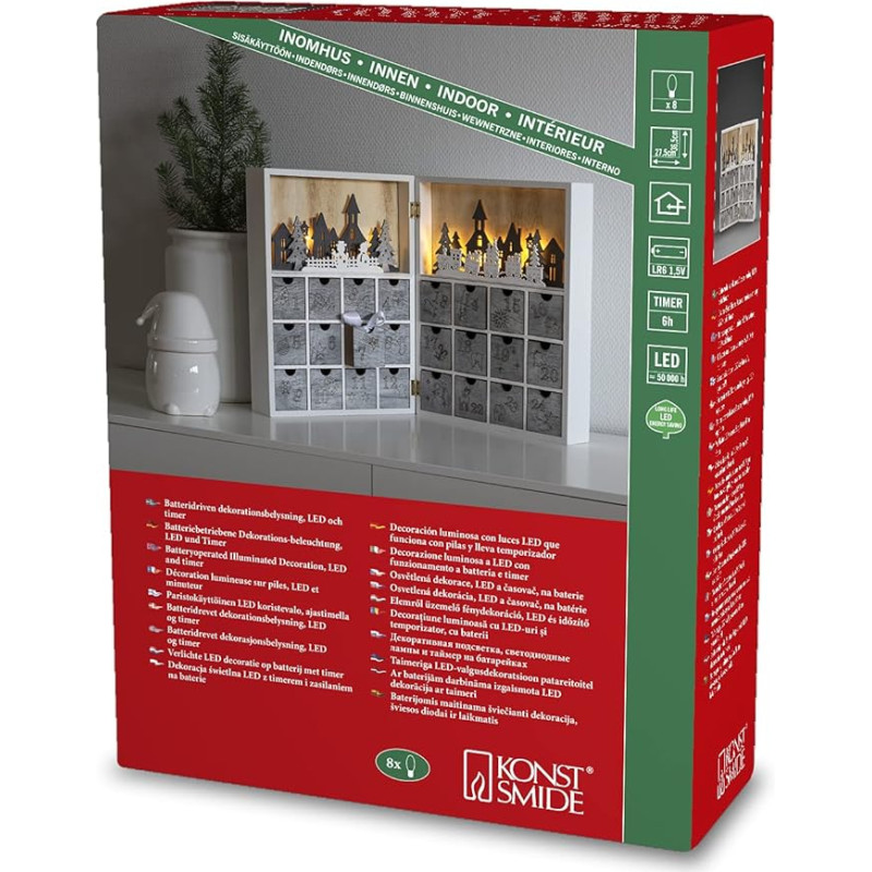 Konstsmide 3283-210 LED Wooden Silhouette Advent Calendar 6H Timer 8 Warm White LEDs Battery Operated Indoor 0.48 W Battery: 4 x AA 1.5 V (Excl.)