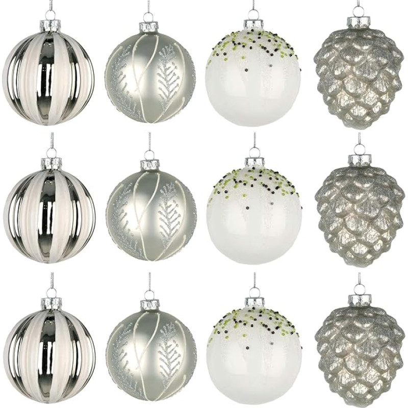 12 Stück/80 mm Glaskugeln, Weihnachtsbaumkugeln, hängende Ornamente, Verschiedene Designs, Weihnachtsbaumschmuck