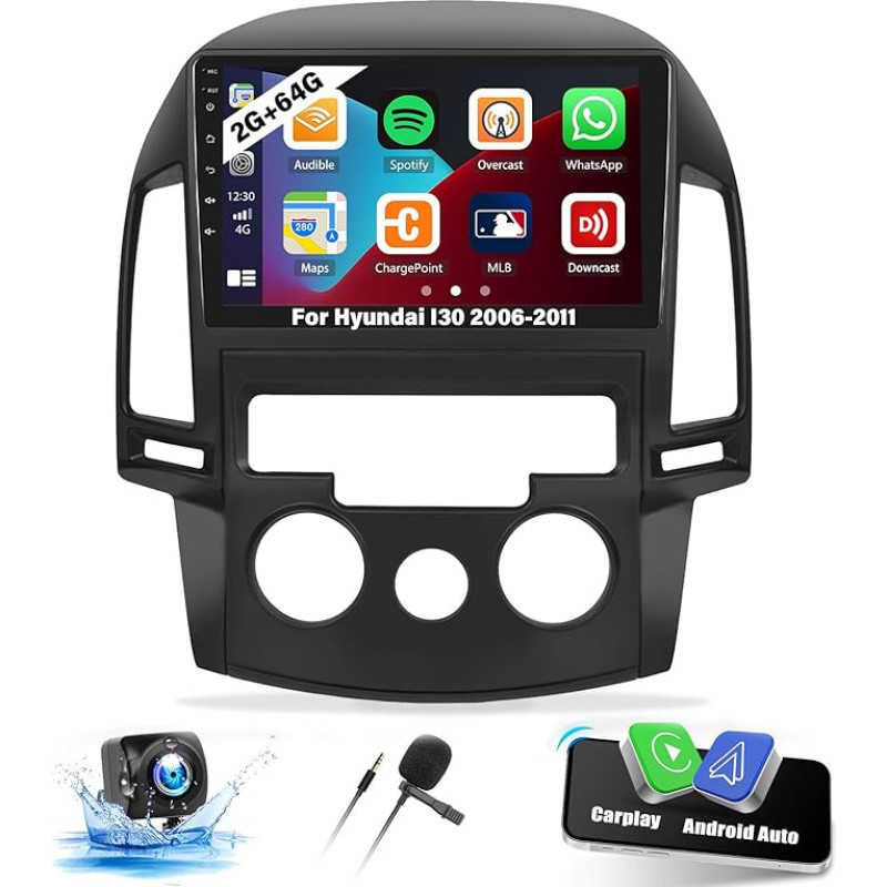 CAMECHO 2G + 64G Android 13 automobilinis radijas Hyundai I30 2006-2011 su belaidžiu Carplay Android automobiliu, 9 colių jutiklinis ekranas 2Din su GPS navigacija WiFi Bluetooth FM/RDS SWC + atbulinės eigos kamera +