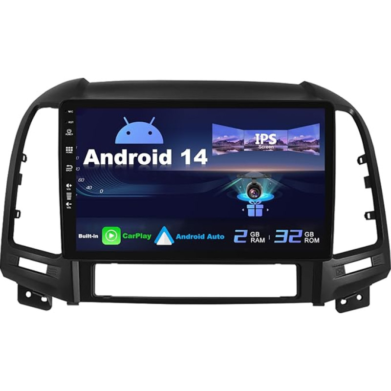 SXAUTO Android 14 IPS automobilinis radijas, tinkamas Hyundai Santa FE (2006-2012 m.) - Įmontuotas CarPlay / Android Car - Nemokama atbulinės eigos kamera - 2G + 32G - Valdymas vairu DAB Fast Boot WiFi DSP - 2 DIN 9