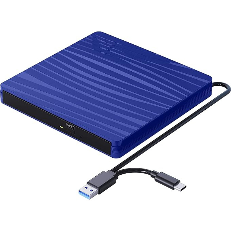 QDSYLQ External CD DVD Drive USB 3.0 Type-C Portable CD DVD +/-RW Burner Optical Drive DVD Drive External for Laptop, PC, Desktop, MacBook, iMac, Windows 11/10/8/7/XP/Linux/Vista/MacOS Blue