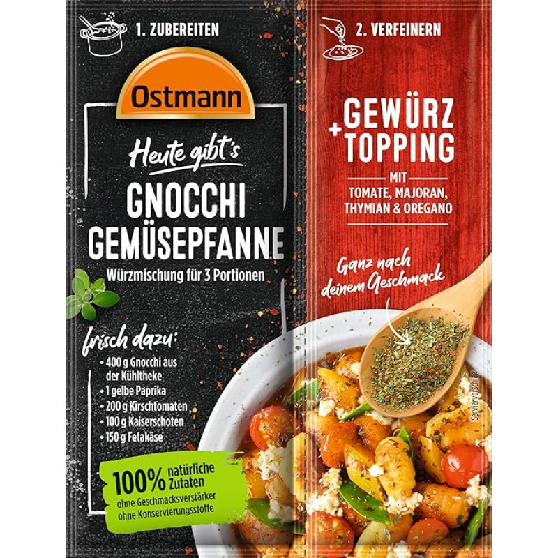Ostmann Spices - Heute gibt's Gnocchi Vegetable Pan | Seasoning Mix for 3 Servings with Italian Herbal Spice Topping for Refining | 100% Natural Ingredients | 21 g in Bag