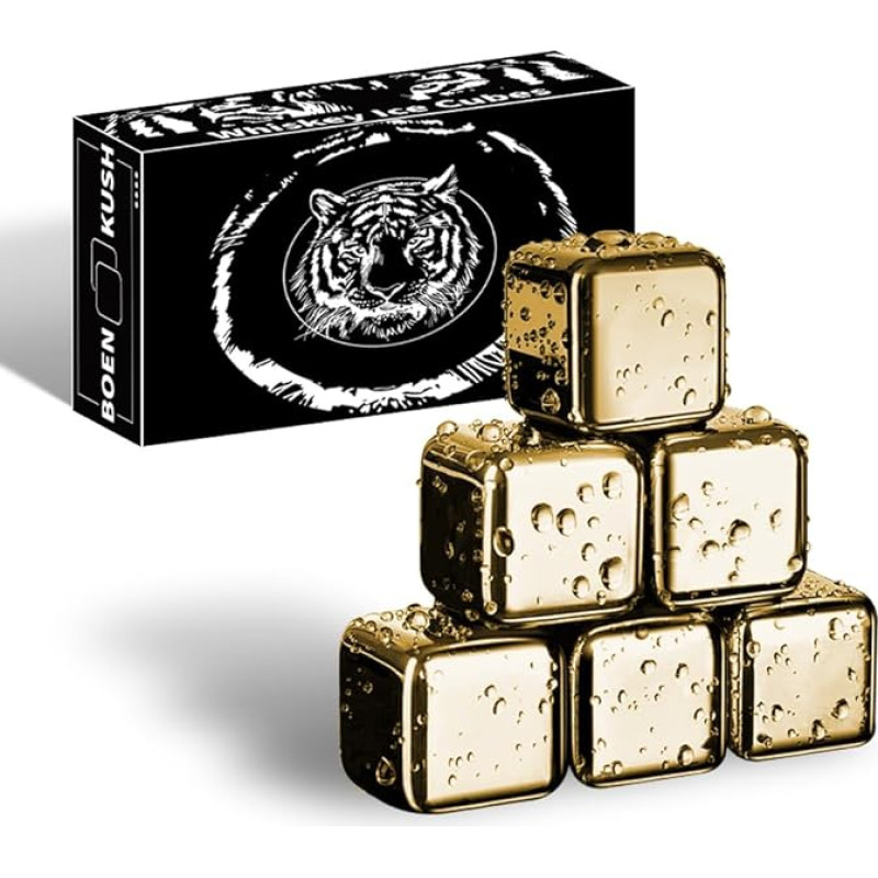 Whisky Stones - 6 Reusable Stainless Steel Metal Ice Cubes Drinks Cool Whisky Stones for Red Wine, Beer, Scotch, Vodka Drinks - Golden Gift Set for Men
