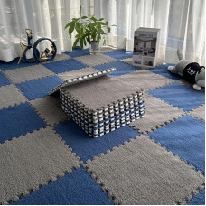 CucCe Plüsch Schaum Fußmatten 16 quadratische Plüschschaum-Fußmatten, quadratische, ineinandergreifende Puzzle-Schaumstoff-Fußmatten for die Bodendekoration zu Hause Schaumteppich(Gray+Navy Blue)