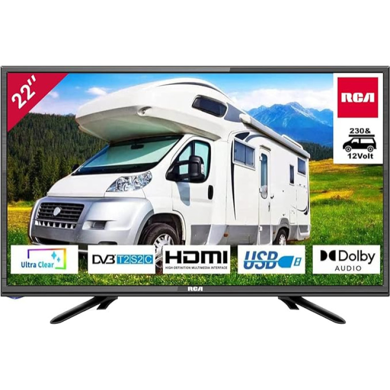 RCA iRB22H3C TV 22 Inch (TV 56 cm), Dolby Audio, Triple Tuner DVB-C/T2/S2, VGA, HDMI, USB, Digital Audio Output, Includes Hotel Mode, 230V & 12V Car Adapter, Optional for Motorhome, 2023