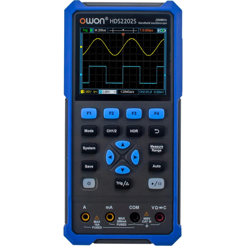 HDS2202S 3-in-1 rankinis skaitmeninis oscilografas Multimetras Bangų formų generatorius 200 1 GSa/s Dviejų kanalų oscilografas True RMS 20000 skaitmenų Multi testeris 3,5 colio spalvotas LCD ekranas Įkraunamas