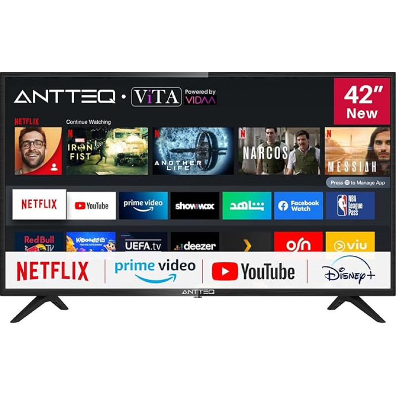 Antteq AV42F3 TV 42 Inch (106 cm) Smart TV with Netflix, Prime Video, Rakuten TV, DAZN, YouTube, UVM, WiFi, Triple Tuner DVB-T2/S2/C