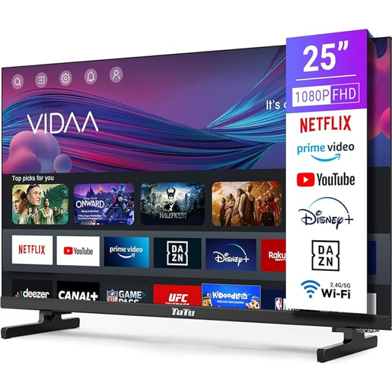 TuTu Smart TV 25 Inch (64 cm) Full HD VIDAA TV with WLAN Triple Tuner (DVB-T/T2, DVB-C, DVB-S/S2) App Store HDMI USB (TUV25FQ1B, 2024)