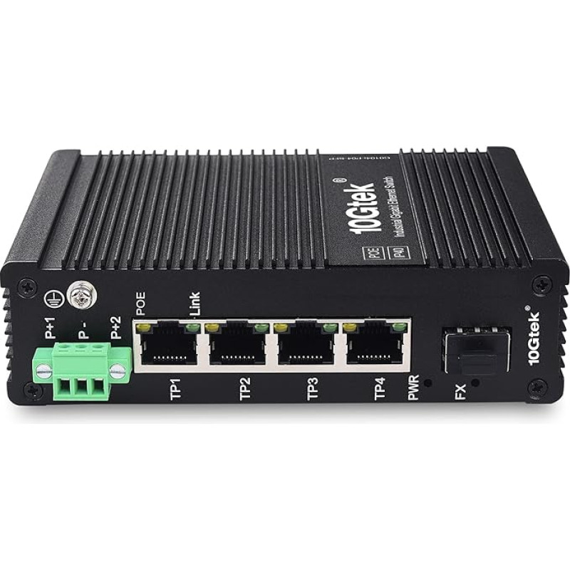 10Gtek 5 prievadų pramoninis DIN-juostelės Ethernet komutatorius DIN Rail, POE 802.3af/at, IP40, 1x Gigabit SFP lizdas su 20 km SFP siųstuvu, G0104i-P04, tvirtinamas ant DIN-juostelės (maitinimo šaltinis neįtrauktas)