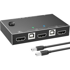 KVM jungiklis 2 kompiuteriams 1 monitoriui 4K @ 60Hz 2K @ 144Hz, ESKEVE HDMI KVM jungiklis 2 kompiuteriams, dalijantis klaviatūra, pele ir monitoriais, su 3 USB 2.0 įrenginiais ir Ethernet