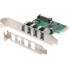 DIGITUS IO kortelė - PCIe - USB 3.0 sąsajos kortelė - 4 prievadai USB Type-A - Max 5Gbps - mikroschemų rinkinys VL805