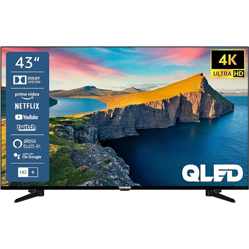 Telefunken QU43K800 43 Inch QLED TV / Smart TV (4K UHD, HDR Dolby Vision, Triple Tuner, Bluetooth, WLAN, Netflix, etc.) - Includes 6 Months HD+, Black