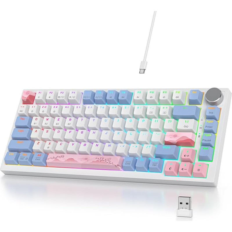 SbocKeeb Mechanical Keyboard Wireless 75% with Button, TKL Gaming Keyboard 75% American QWERTY RGB Bluetooth/2.4G/USB PBT Keycaps, Hot-Swap for Mac/Win (V400pro Pink)