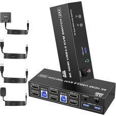 USB 3.0 HDMI KVM jungiklis 2 kompiuteriams 2 monitoriams, 8K @ 60Hz KVM jungikliai 2 kompiuteriams dalytis dviem monitoriais ir garso mikrofono išvestimi bei 3 USB 3.0 prievadais, pvz., klaviatūroms, pelėms ir U diskui