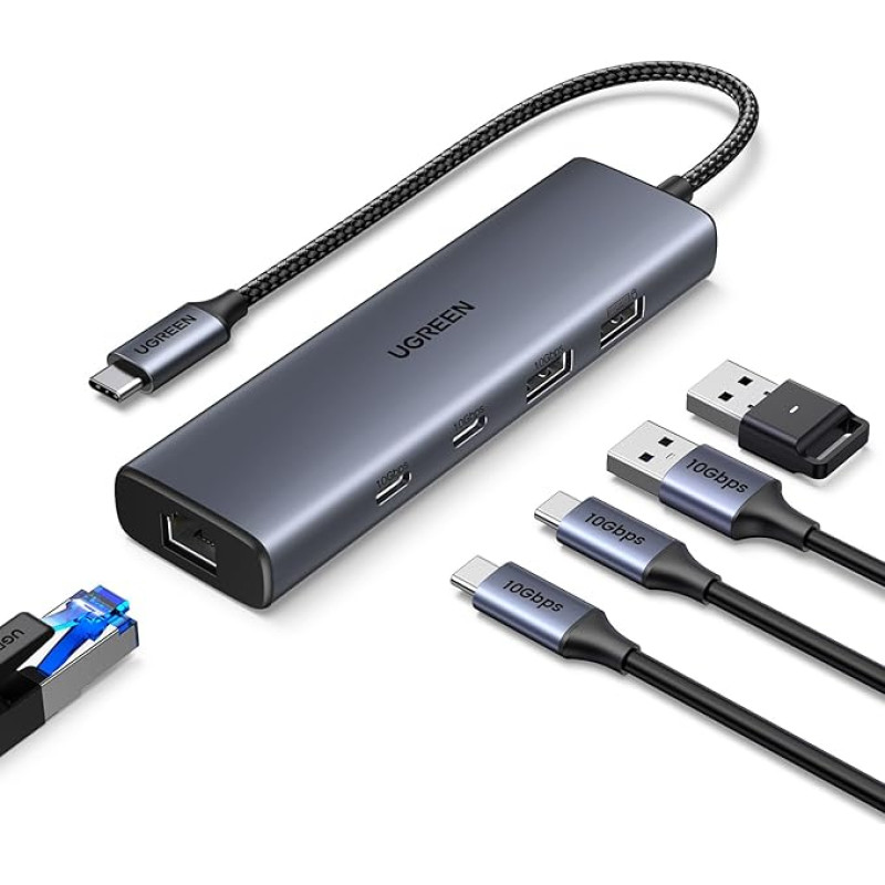 UGREEN 10 Gb/s USB C šakotuvo eterneto adapteris su 2 x USB C 3.2 ir 2 x USB A USB C LAN adapteriu Suderinamas su 