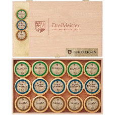 DreiMeister Gold Doublons in the 45 Wooden Box Dark I Handmade Chocolate Gold Taler I Gold Doublonen Chocolate in 3 Varieties I Chocolate Wooden Box with Dark Chocolate I 360 g
