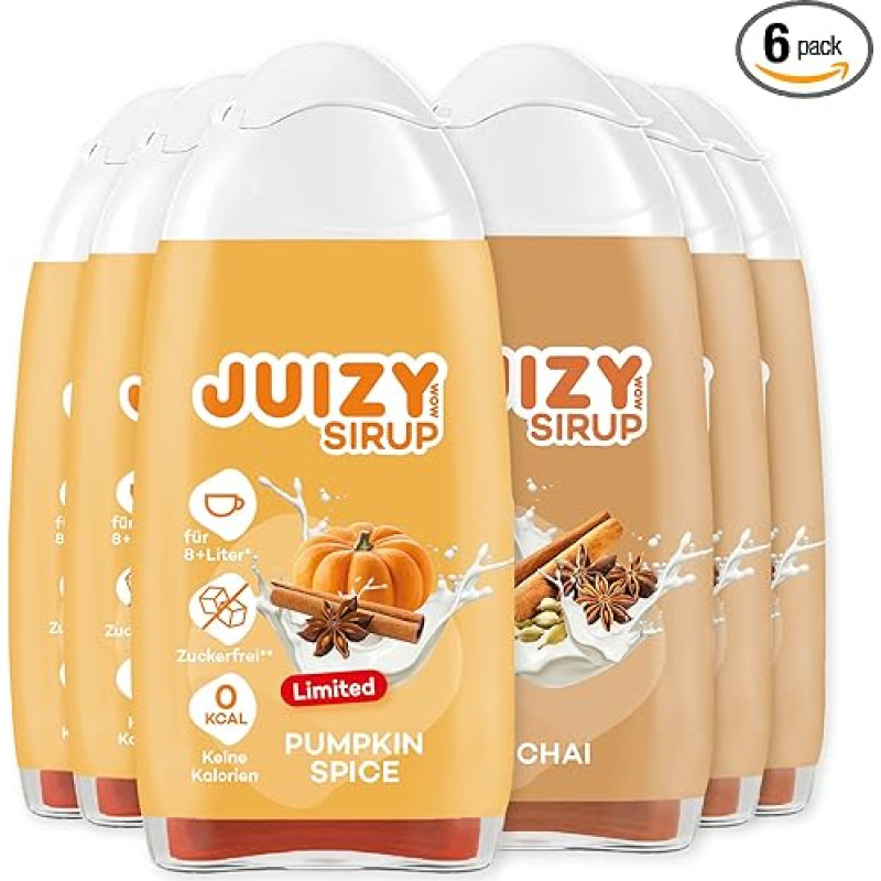JUIZY WOW Hot Drinks Mix | Chai - Pumpkin Spice | Sugar Free Flavour Drops | 6 x 65 ml Drink Concentrate Winter Edition | Natural Drink Syrup | Zero Calories Vegan