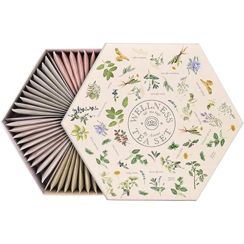 ACORUS sveikatingumo arbatos rinkinys - natūralios arbatos dėžutė su 6 skoniais, dovanų rinkinys, didelė arbatos dėžutė su 60 žolelių arbatos maišelių, 6 funkcinės arbatos