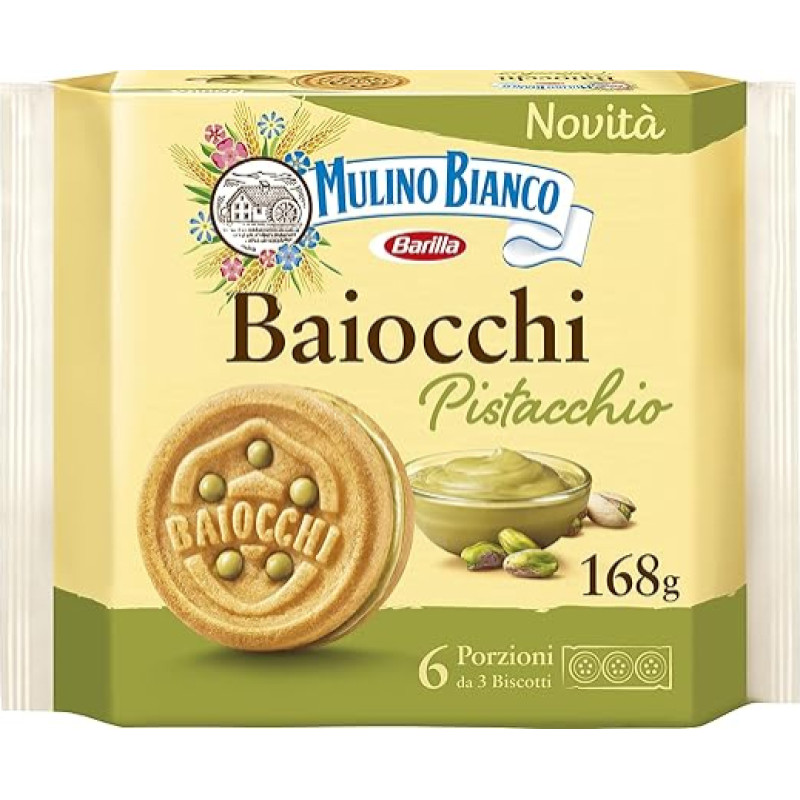Mulino Bianco Baiocchi Pistachio Biscuits and Shortcrust Pastry Ideal for Breakfast or Snack, Palm Oil Free, 6 Servings of 3 Biscuits, 1, 168.0 g, 168.0 g