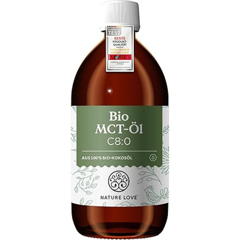 NATURE LOVE® Ekologiškas MCT aliejus C8 - 500 ml - pagamintas iš 100 % ekologiško kokosų aliejaus - skirtas ketogeninei dietai - bekvapis ir bekvapis - egzogeniniai ketonai - veganiškas