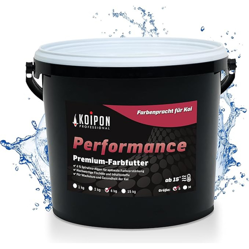 KOIPON Performance 4 kg Koi maistas vasara spalvotas, plūduriuojantis, 6 % spirulinos, tvenkinio maistas, 3 mm granulės, Koi maistas tinka kaip auksinių žuvelių maistas